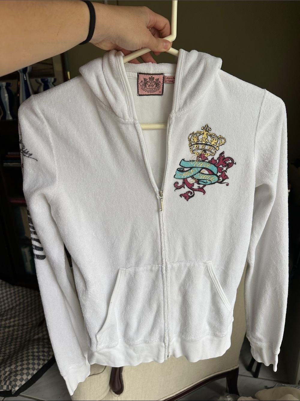 Women’s JUICY COUTURE White Hooded Zip Jacket with Embroidered Crest